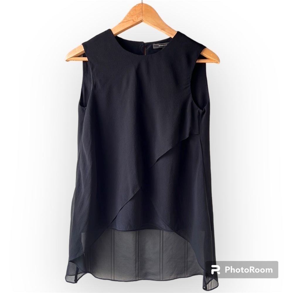 Bcbgmaxazria Black Silk Chiffon Tiered Hi Low Sleeveless Blouse